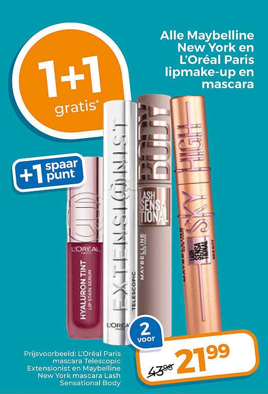 Alle Maybelline New York en L’Oréal Paris lipmake-up en mascara 1+1 gratis
