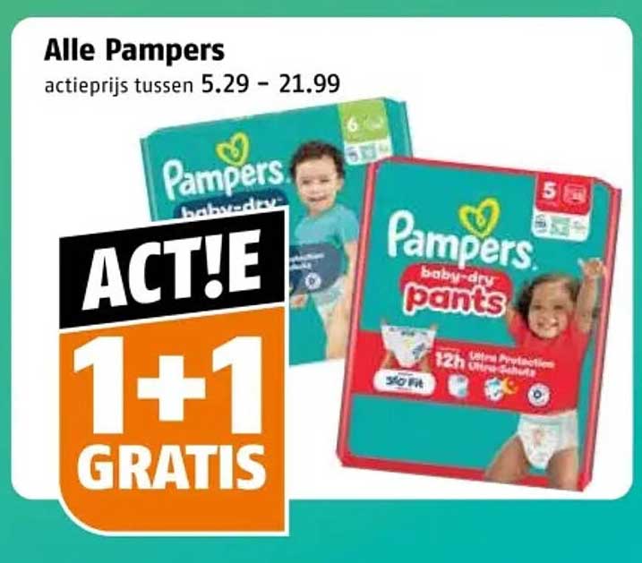 Alle Pampers actieprijs tussen 5.29 - 21.99 1+1 GRATIS