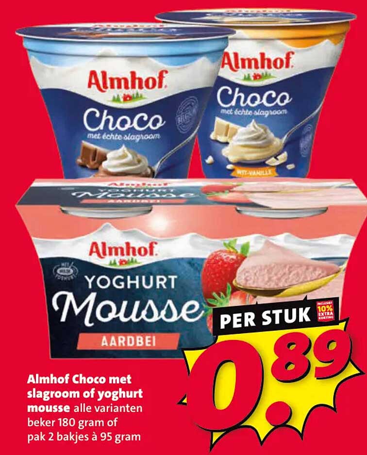 Almhof Choco met slagroom of yoghurt mousse alle varianten beker 180 gram of pak 2 bakjes à 95 gram