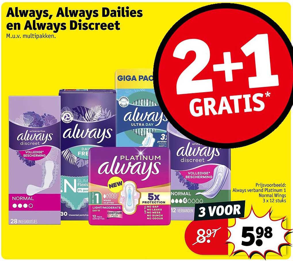 Always, Always Discreet en Always Discreet M.u.v. multipakken. 2+1 GRATIS*