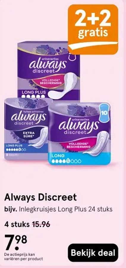 Always Discreet bijv. Inlegkruisjes Long Plus 24 stuks 2+2 gratis