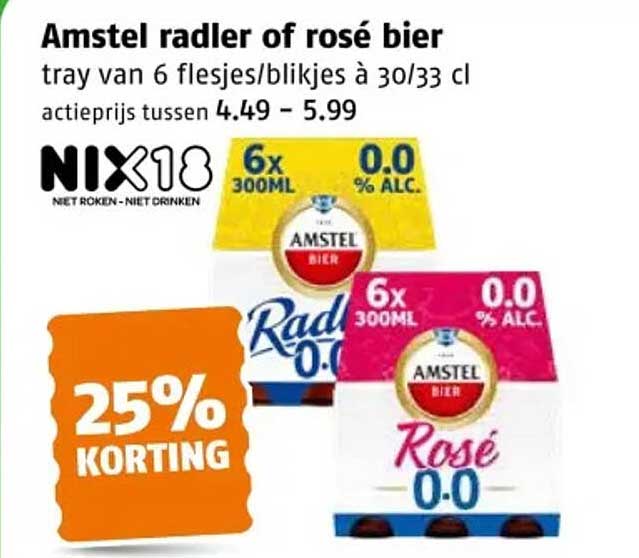 Amstel radler of rosé bier tray van 6 flesjes/blikjes à 30/33 cl 25% KORTING