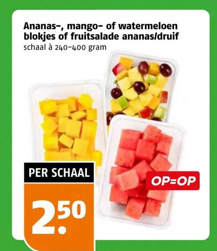 Ananas-, mango- of watermeloen blokjes of fruitsalade ananas/druif
