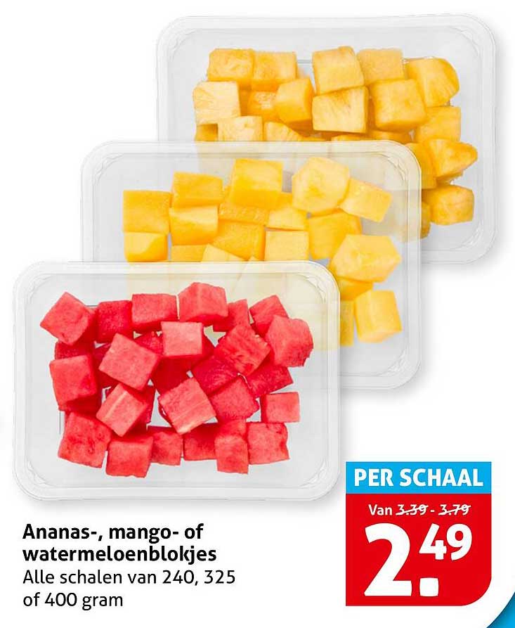 Ananas-, mango- of watermeloenblokjes