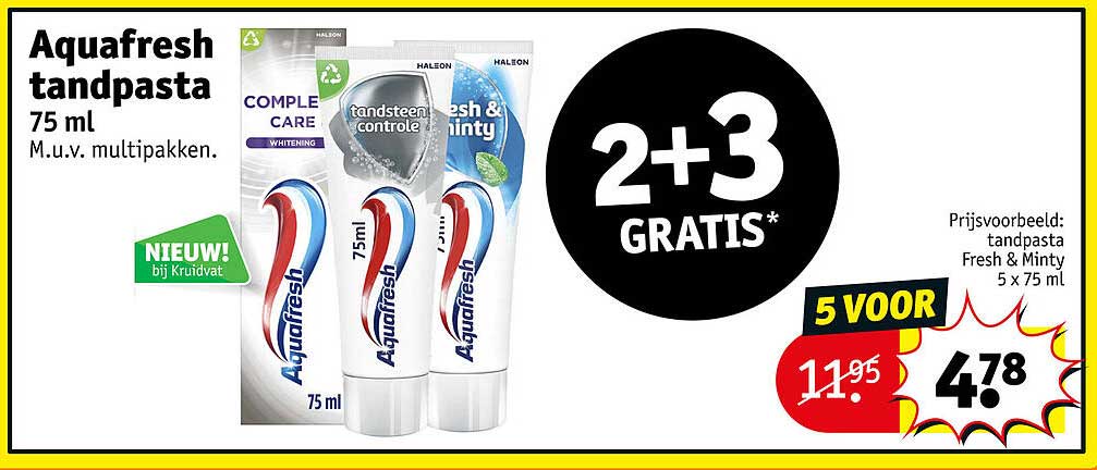 Aquafresh tandpasta 75 ml 2+3 GRATIS*