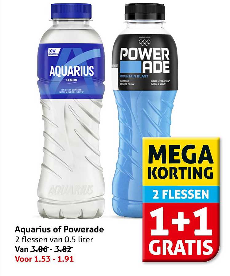 Aquarius of Powerade 2 flessen 1+1 GRATIS