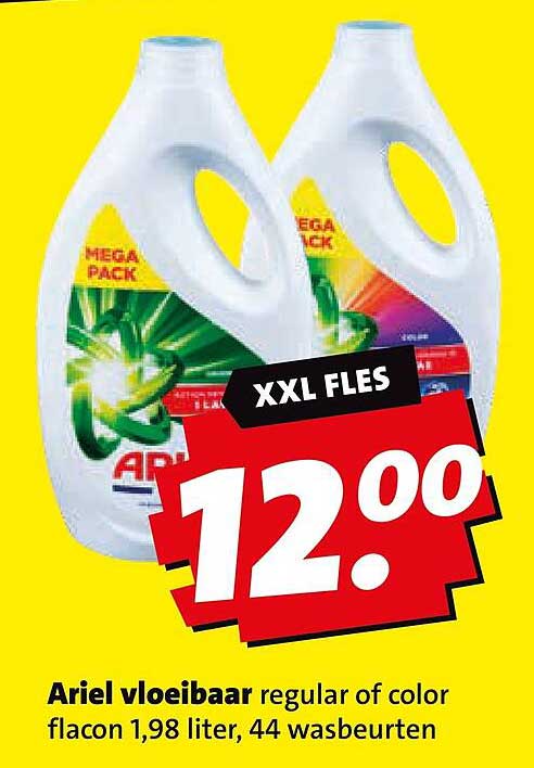Ariel vloeibaar regular of color flacon 1,98 liter, 44 wasbeurten XXL FLES