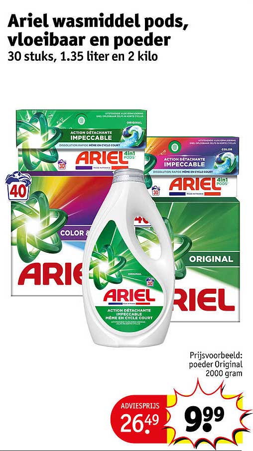 Ariel wasmiddel pods, vloeibaar en poeder 30 stuks, 1.35 liter en 2 kilo