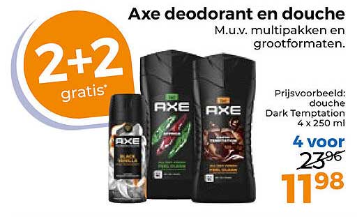 Axe deodorant en douche 2+2 gratis