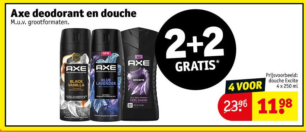 Axe deodorant en douche 2+2 gratis