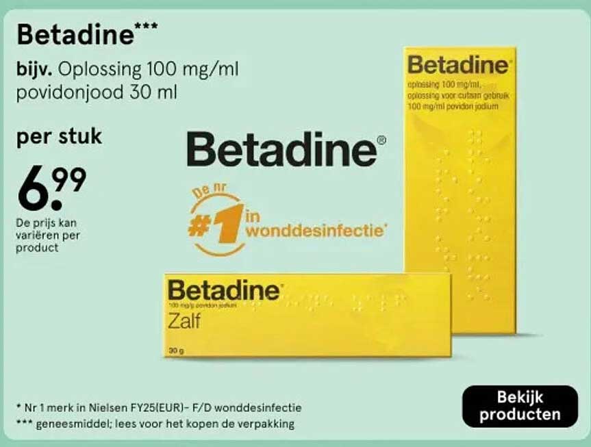 Betadine bijv. Oplossing 100 mg/ml povidonjood 30 ml