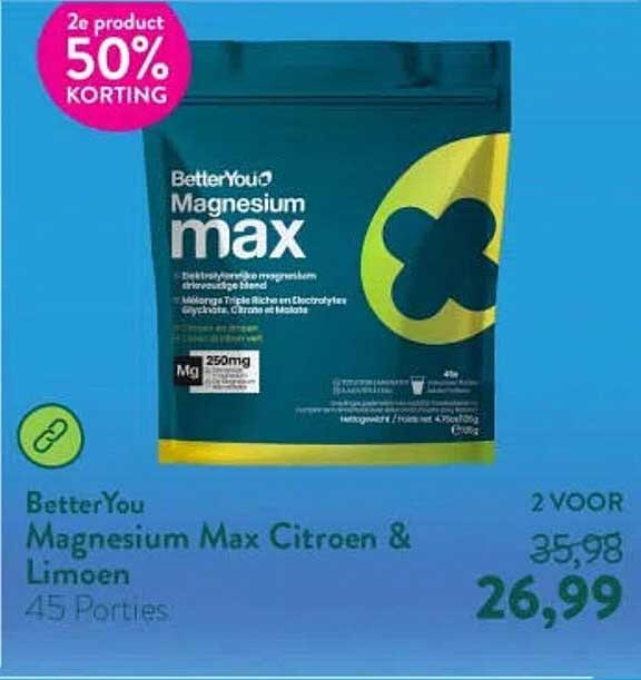 BetterYou Magnesium Max Citroen & Limoen 45 Porties 2e product 50% korting