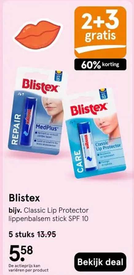 Blistex bijv. Classic Lip Protector lippenbalsem stick SPF 10 2+3 gratis