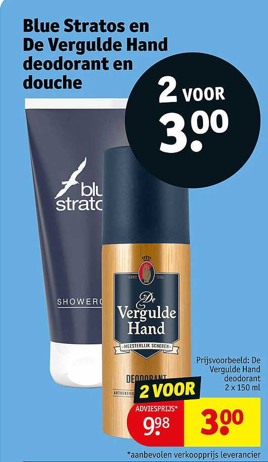 Blue Stratos en De Vergulde Hand deodorant en douche 2 voor 3.00
