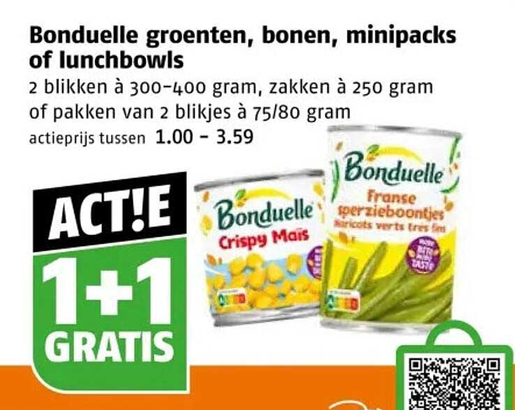 Bonduelle groenten, bonen, minipacks of lunchbowls 1+1 gratis