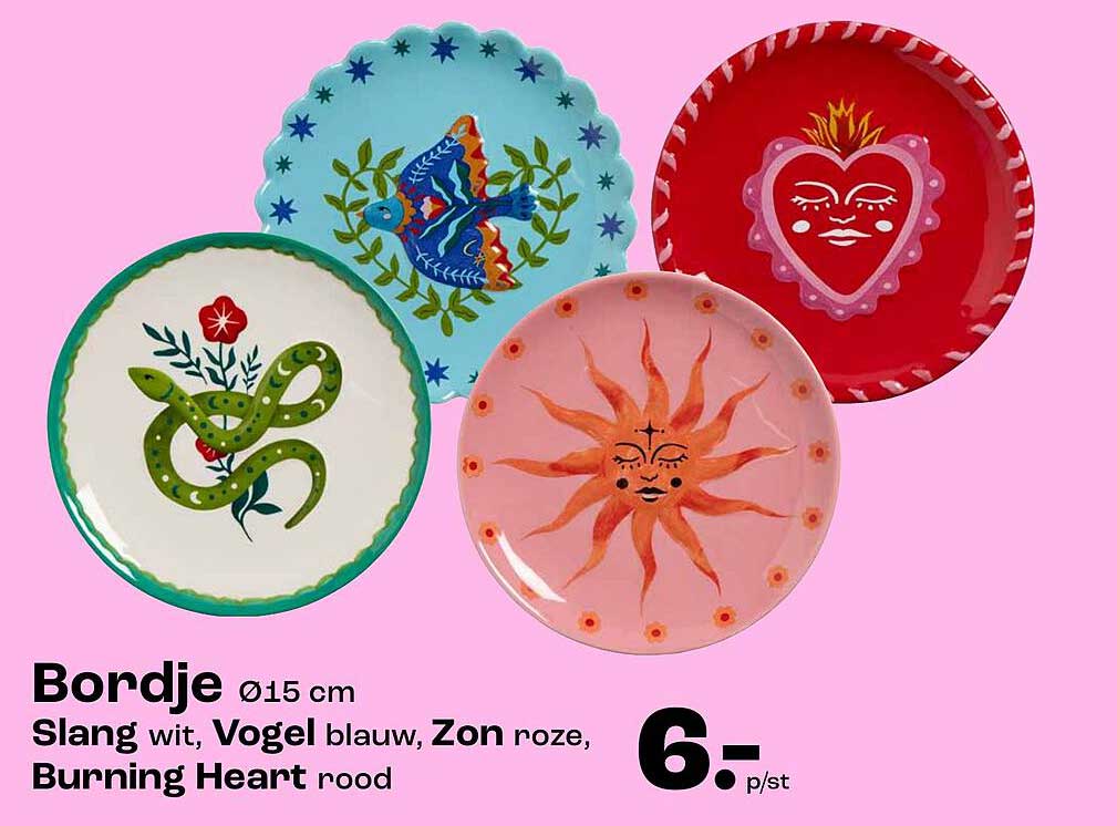 Bordje Ø15 cm Slang wit, Vogel blauw, Zon roze, Burning Heart rood