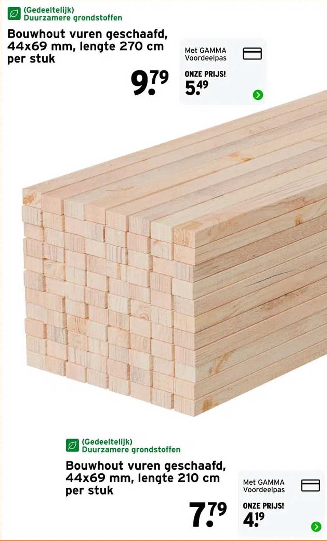 Bouwhout vuren geschaafd, 44x69 mm, lengte 270 cm per stuk