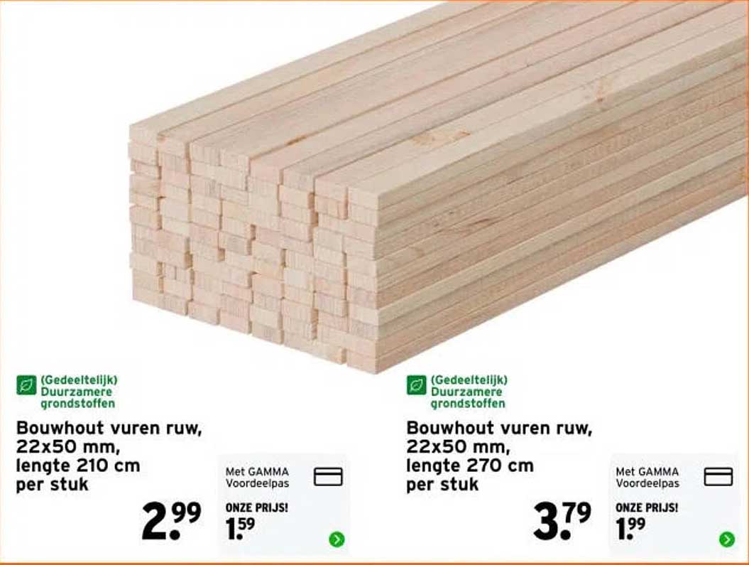 Bouwhout vuren ruw, 22x50 mm, lengte 210 cm per stuk
