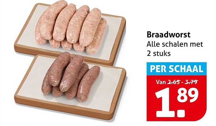 Braadworst Alle schalen met 2 stuks PER SCHAAL