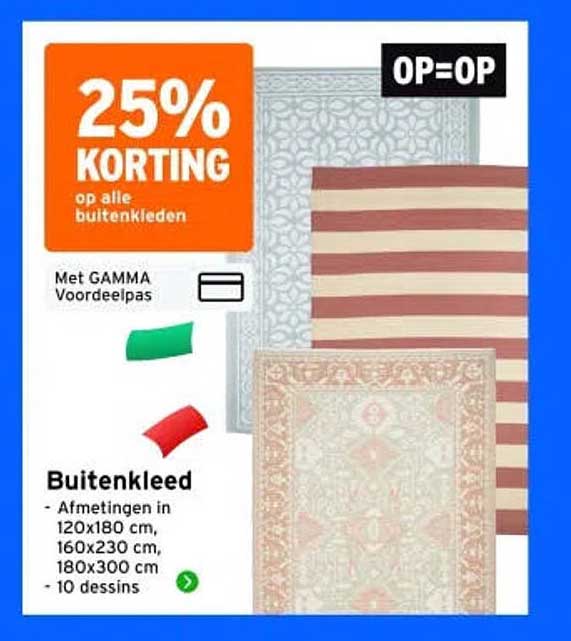 Buitenkleed - Afmetingen in 120x180 cm, 160x230 cm, 180x300 cm - 10 dessins 25% korting op alle buitenkleden