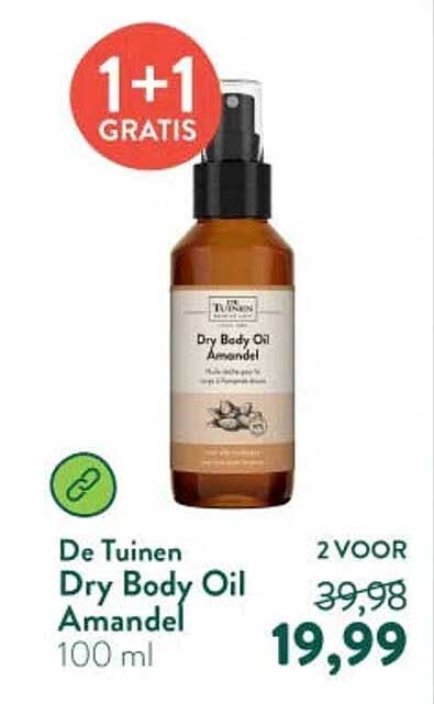 De Tuinen Dry Body Oil Amandel 100 ml 1+1 GRATIS
