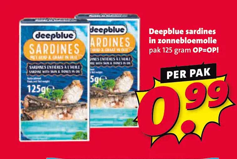 Deepblue sardines in zonnebloemolie pak 125 gram OP=OP!
