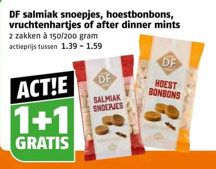 DF salmiak snoepjes, hoestbonbons, vruchtenhartjes of after dinner mints 1+1 gratis