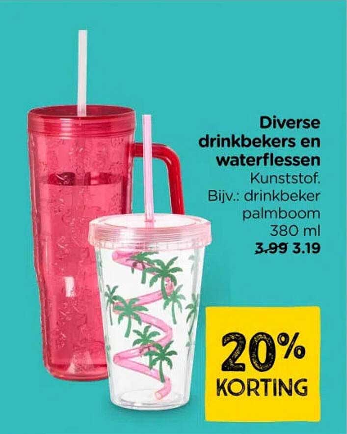 Diverse drinkbekers en waterflessen Kunststof. Bijv.: drinkbeker palmboom 380 ml 20% KORTING