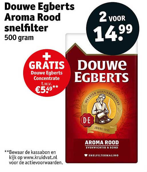 Douwe Egberts Aroma Rood snelfilter 500 gram + GRATIS Douwe Egberts Concentrate t.w.v. €5,49 2 voor 14,99