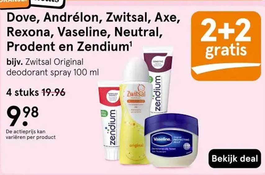 Dove, Andrélon, Zwitsal, Axe, Rexona, Vaseline, Neutral, Prodent en Zendium bijv. Zwitsal Original deodorant spray 100 ml 2+2 gratis