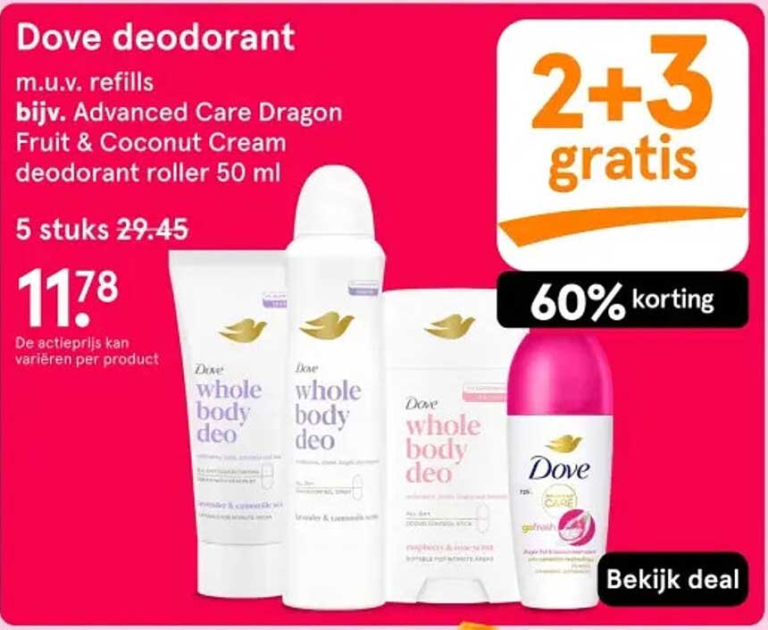 Dove deodorant m.u.v. refills bijv. Advanced Care Dragon Fruit & Coconut Cream deodorant roller 50 ml 2+3 gratis