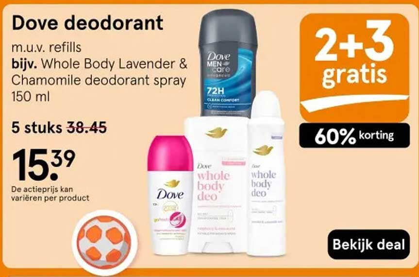 Dove deodorant m.u.v. refills bijv. Whole Body Lavender & Chamomile deodorant spray 150 ml 2+3 gratis