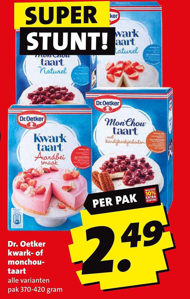 Dr. Oetker kwark- of monchou-taart alle varianten pak 370-420 gram SUPER STUNT!