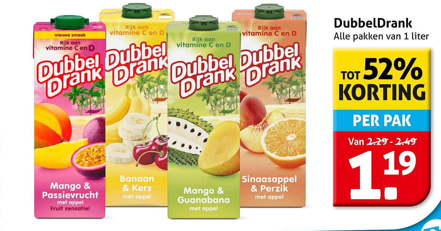 Dubbeldrank Alle pakken van 1 liter tot 52% korting per pak