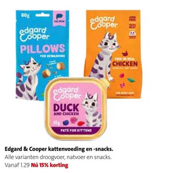 Edgard & Cooper kattenvoeding en -snacks. Alle varianten droogvoer, natvoer en snacks. Vanaf 1.29 Nú 15% korting