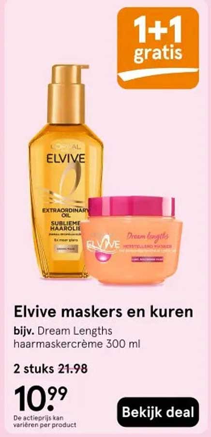 Elvive maskers en kuren bijv. Dream Lengths haarmaskercrème 300 ml 1+1 gratis