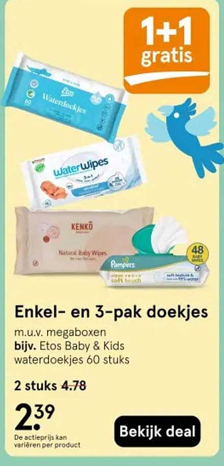 Enkel- en 3-pak doekjes 1+1 gratis