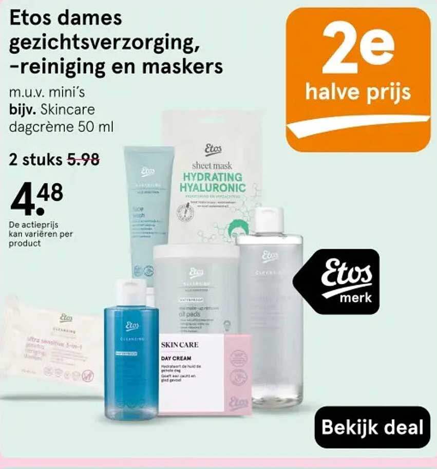 Etos dames gezichtsverzorging, -reiniging en maskers 2e halve prijs