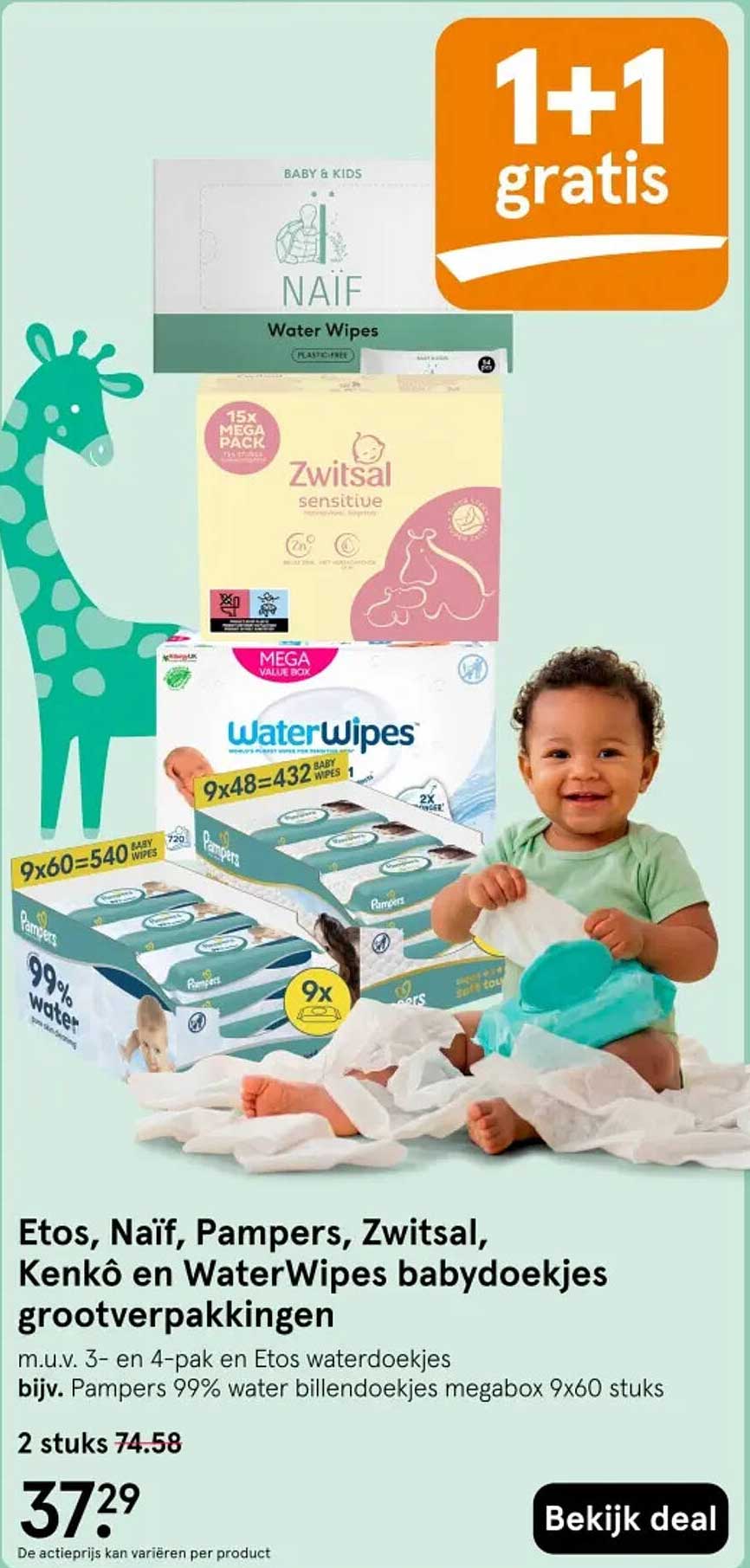 Etos, Naïf, Pampers, Zwitsal, Kenkô en WaterWipes babydoekjes grootverpakkingen 1+1 gratis