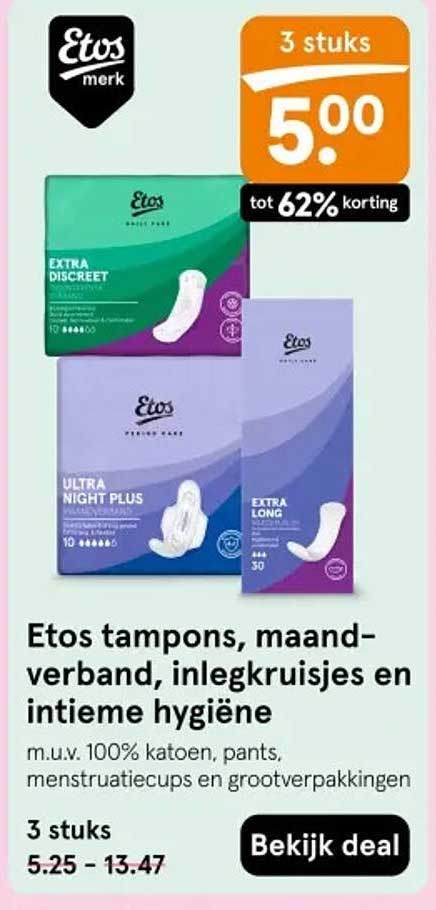 Etos tampons, maandverband, inlegkruisjes en intieme hygiëne