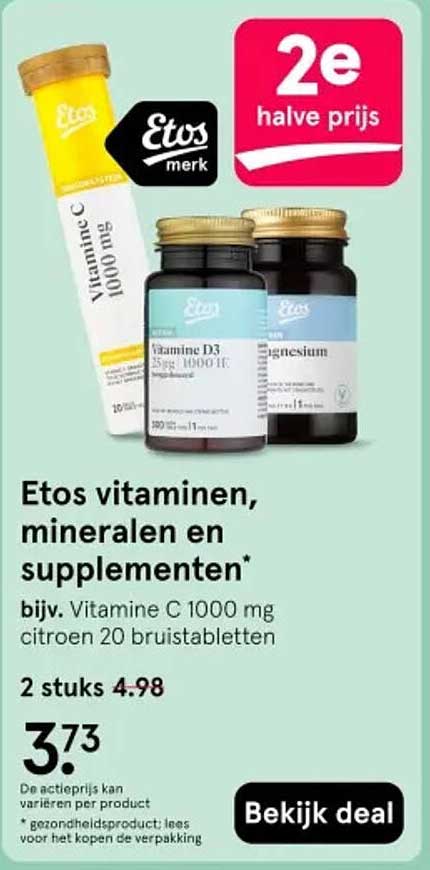 Etos vitaminen, mineralen en supplementen* 2e halve prijs