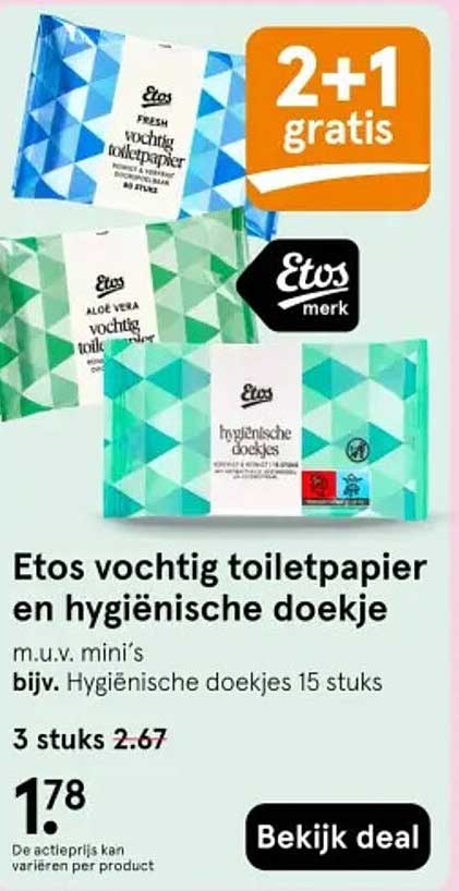 Etos vochtig toiletpapier en hygiënische doekje 2+1 gratis