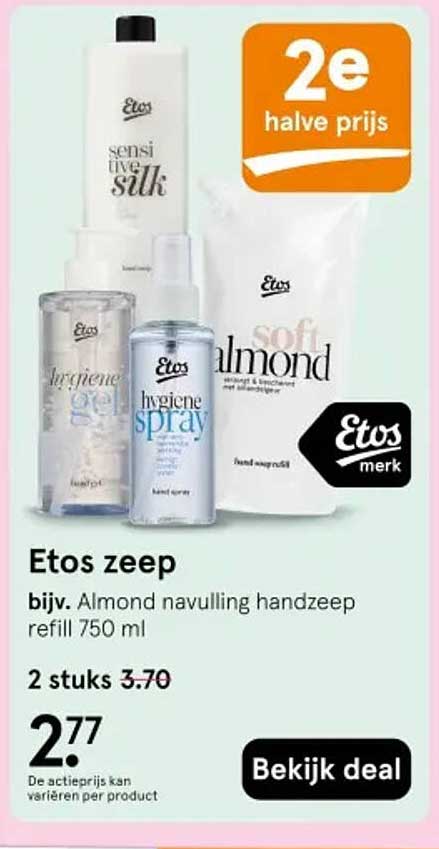 Etos zeep bijv. Almond navulling handzeep refill 750 ml 2e halve prijs