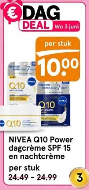 € DAG DEAL Wo 3 juni NIVEA Q10 Power dagcrème SPF 15 en nachtcrème per stuk