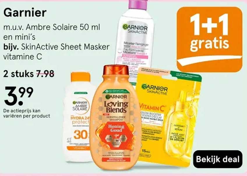 Garnier m.u.v. Ambre Solaire 50 ml en mini’s bijv. SkinActive Sheet Masker vitamine C 1+1 gratis
