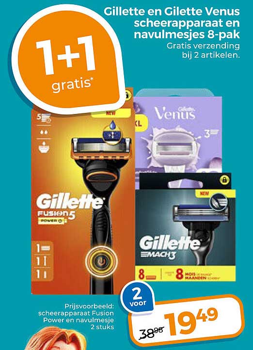 Gillette en Gillette Venus scheerapparaat en navulmesjes 8-pak 1+1 gratis