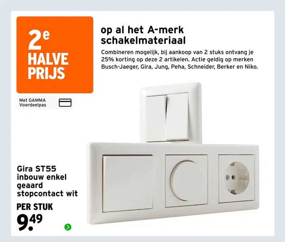 Gira ST55 inbouw enkel geaard stopcontact wit 2e halve prijs