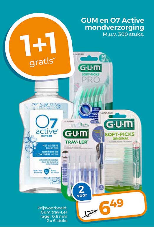 GUM en O7 Active mondverzorging M.u.v. 300 stuks. 1+1 gratis