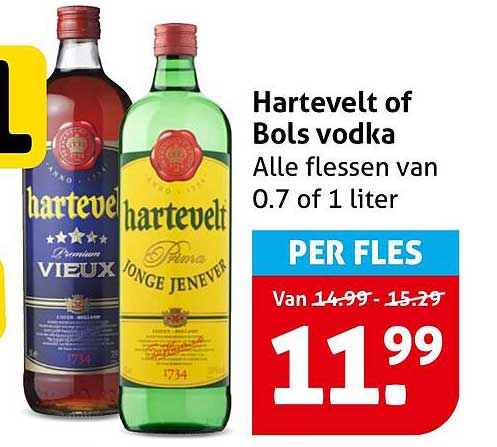 Hartevelt of Bols vodka Alle flessen van 0.7 of 1 liter PER FLES