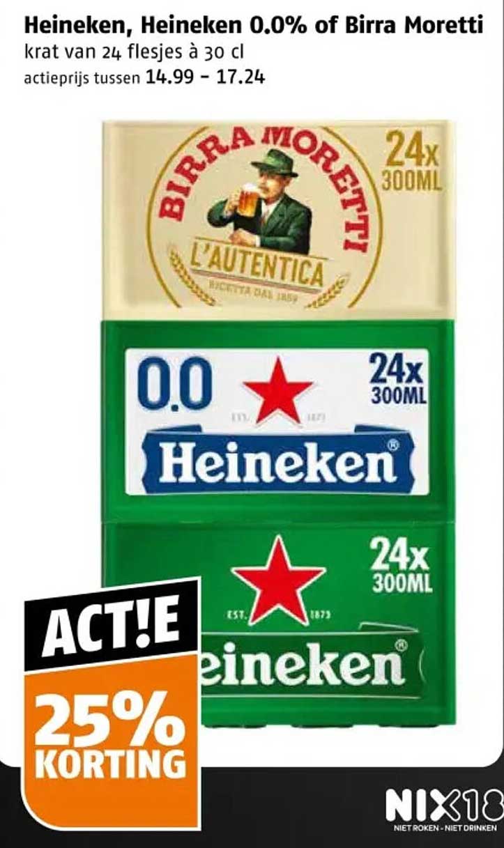 Heineken, Heineken 0.0% of Birra Moretti krat van 24 flesjes à 30 cl 25% korting